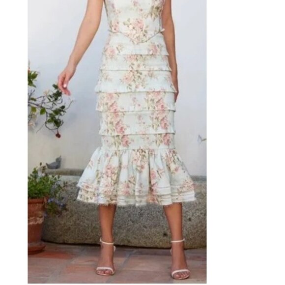 NWT V. CHAPMAN LINNEA SMOCKED RUFFLE TIER MIDI SKIRT IN TAPESTRY ROSE PRINT 2 - Picture 1 of 8